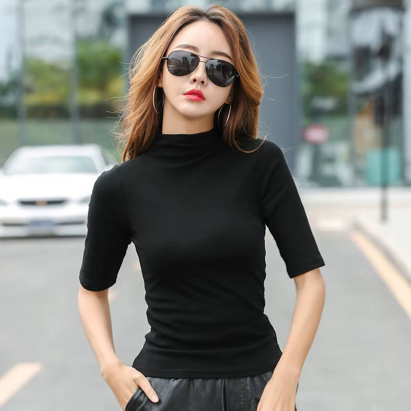 2024 Brand Womens Half High Collar T-Shirt Mid-Sleeved T Shirt for Female Woman Clothing New Thin Tops Womens T-Shirts