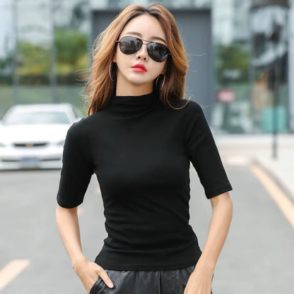 2024 Brand Womens Half High Collar T-Shirt Mid-Sleeved T Shirt for Female Woman Clothing New Thin Tops Womens T-Shirts