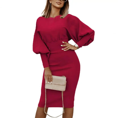 Women Dress Autumn Winter Puff Sleeve Slim-Fit round Neck Knee Length Office Elegant Party Dress Lady for Home Women Clothes