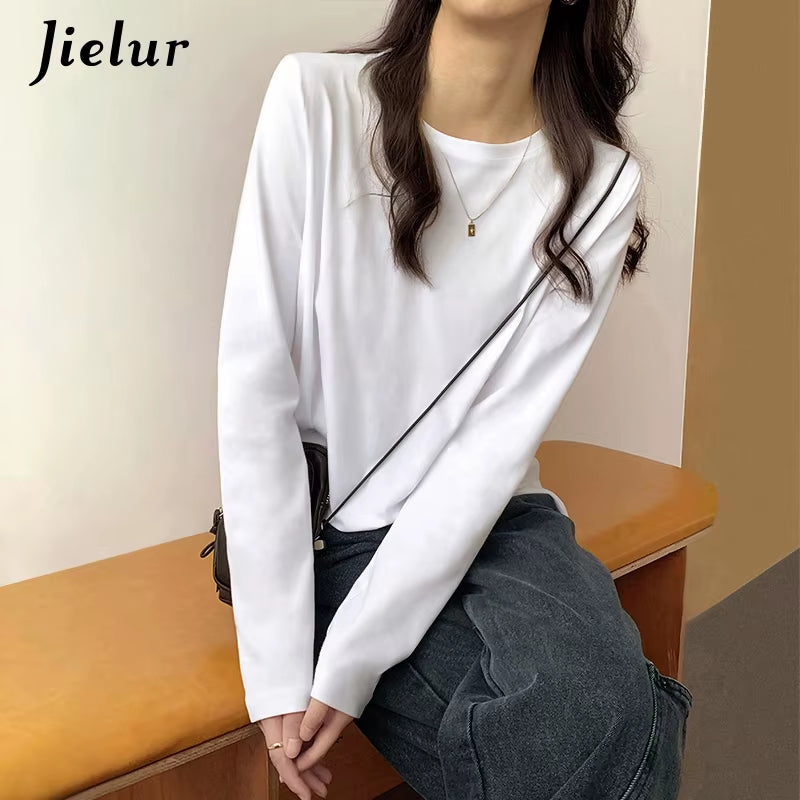 Long Sleeve Black White T-Shirt Female Loose O-Neck Cotton T Shirts Basic Bottoming Shirt Solid Color Tops Women