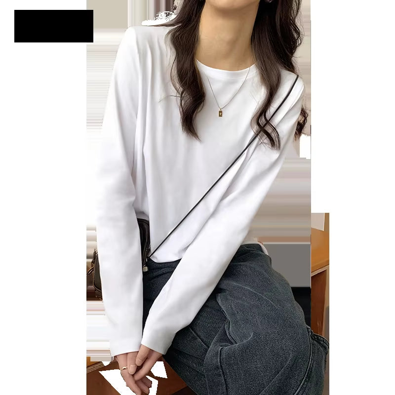 Long Sleeve Black White T-Shirt Female Loose O-Neck Cotton T Shirts Basic Bottoming Shirt Solid Color Tops Women