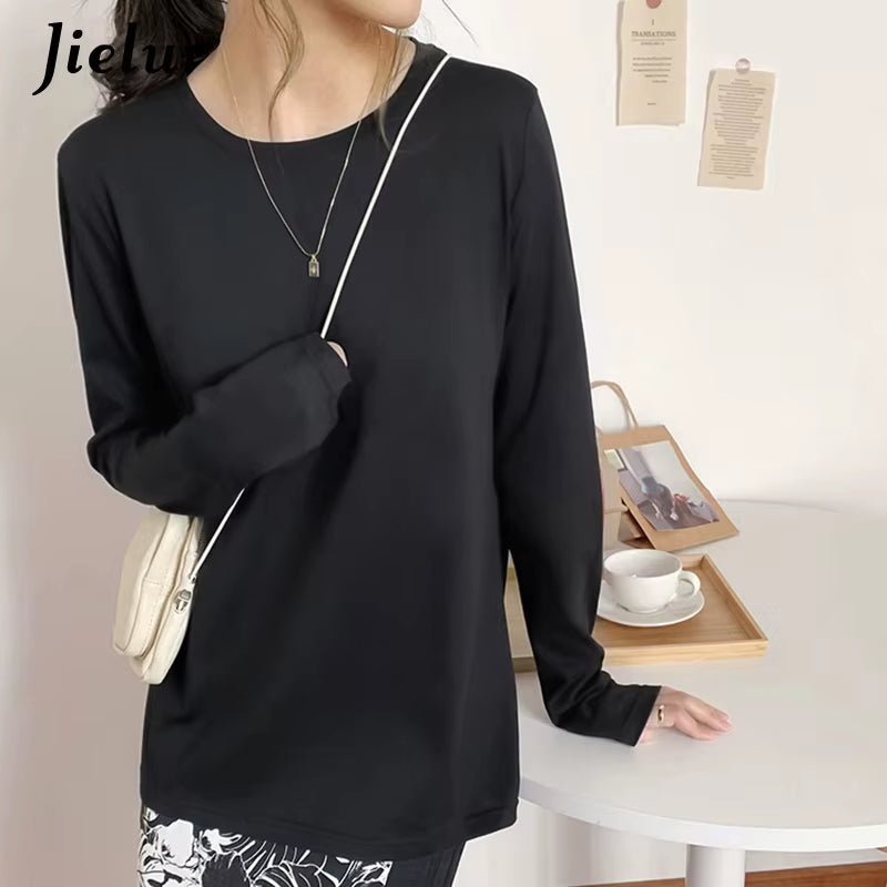 Long Sleeve Black White T-Shirt Female Loose O-Neck Cotton T Shirts Basic Bottoming Shirt Solid Color Tops Women