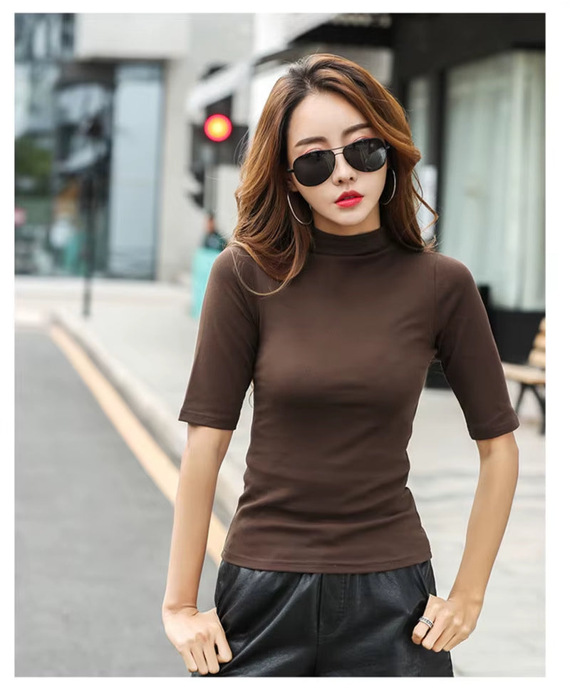 2024 Brand Womens Half High Collar T-Shirt Mid-Sleeved T Shirt for Female Woman Clothing New Thin Tops Womens T-Shirts